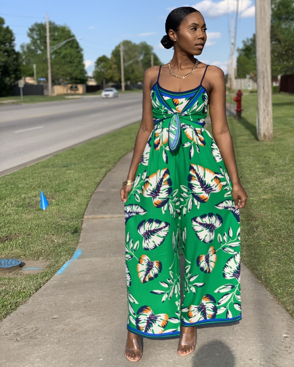 Green leaf cheap print jumpsuit